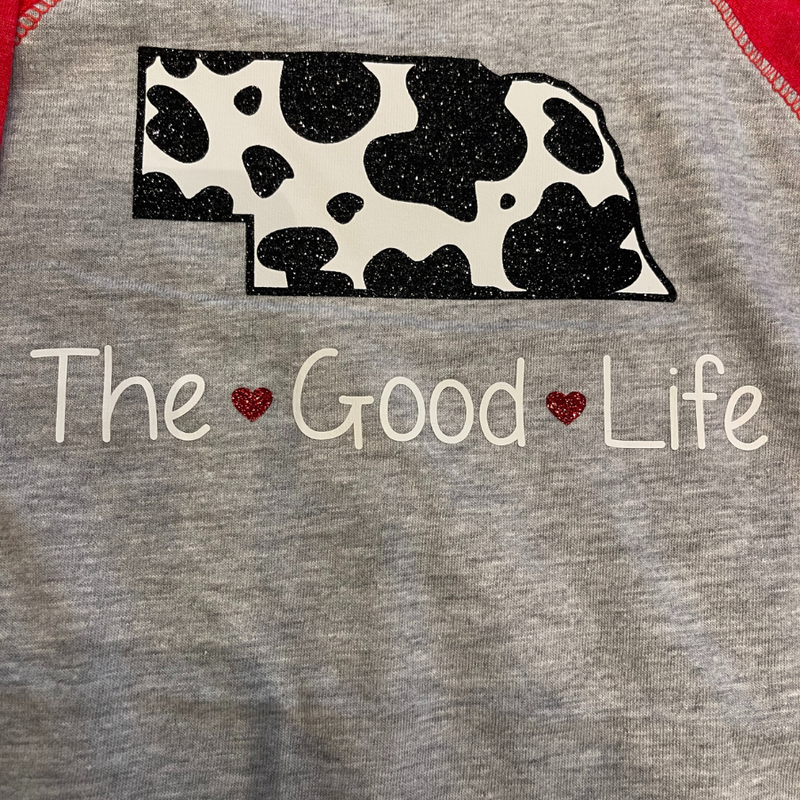 Nebraska Shape Cow Print Toddler Shirt | Red Heart The Good Life | Toddler Western Wear | 3/4 length sleeve | Multiple Sizes | NFD 333