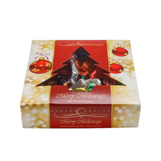 Baker's Candies 12oz Christmas Tree Meltaways Chocolates, Christmas Themed Box with tree cut out to show product on white background.