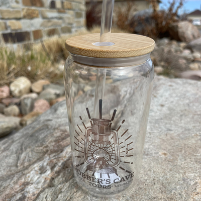 Robber's Cave Etched Iced Coffee Glass | Bamboo Lid with Straw Included | Nebraska Tourist Attraction | Book Turned Documentary Based Glasses | Size 16oz | Clear Color | 2 Designs