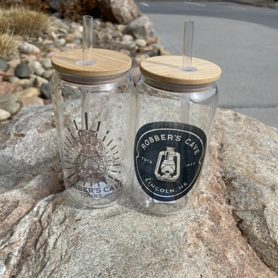 Robber's Cave Etched Iced Coffee Glass | Bamboo Lid with Straw Included | Nebraska Tourist Attraction | Book Turned Documentary Based Glasses | Size 16oz | Clear Color | 2 Designs