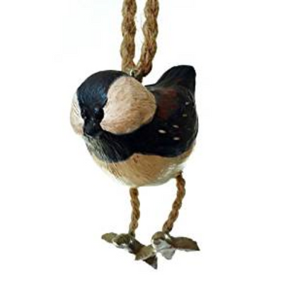 Chickadee bird ornament with jute-rope legs