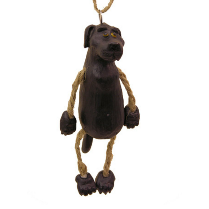 Black labrador ornament with jute-rope legs on a white background