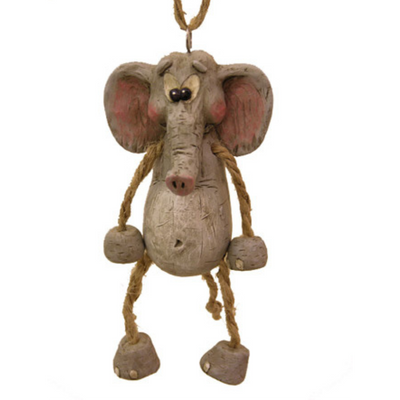 Elephant ornament with jute-rope legs and tail on a white background