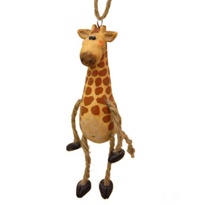 Giraffe ornament having jute-rope legs and tail on a white background