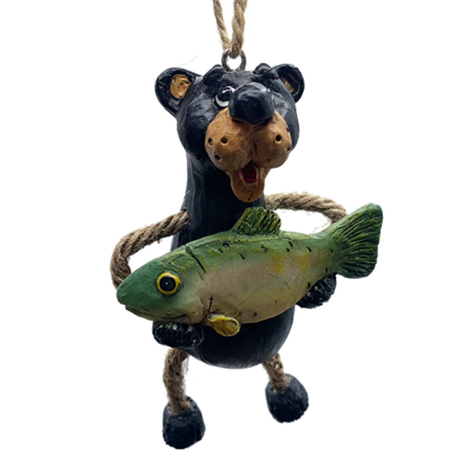 Bear ornament with jute-rope legs holding large fish