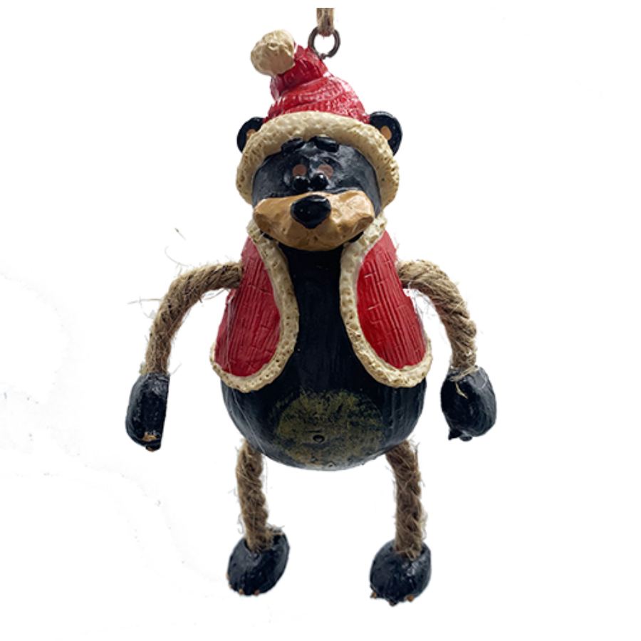 Bear ornament with jute-rope legs wearing Santa hat and red vest