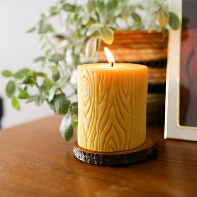 Bark Design Hand Poured Bees Wax Candle | Includes Wooden Base | 12 oz. candle