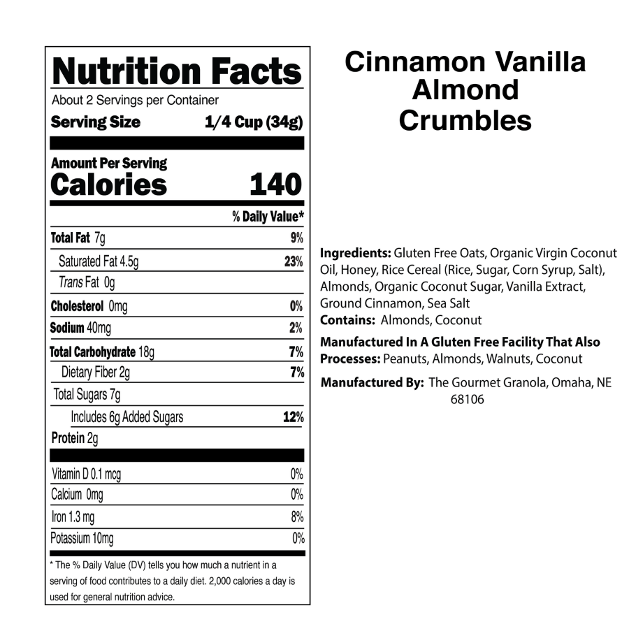 Cinnamon Vanilla Almond Granola Nutritional Panel