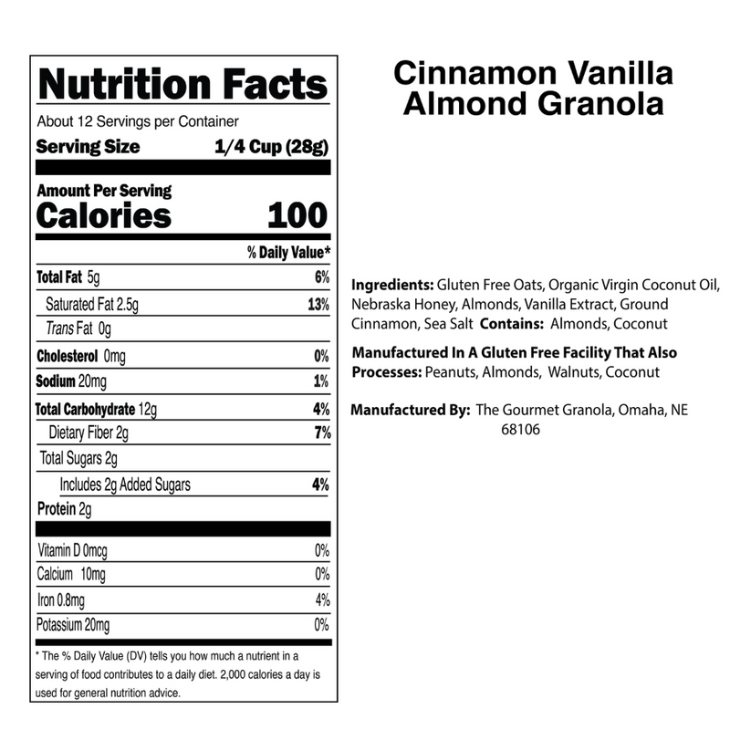 Cinnamon Vanilla Almond Granola | 12 oz. Bag | Great Addition To Any Yogurt Or As A Cereal | Gluten, Dairy, Soy Free | Nebraska Granola | Add To Your Ice Cream For Sweet Crunch | Naturally Sweetened