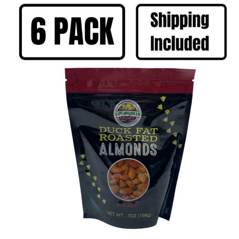 Roasted Almonds | Duck Fat & Sea Salt Roasted | 6 Pack | Shipping Included | USA Made | Fiber Filled Snack | Healthy Fats | 7 oz. bag | 6 Pack | Shipping Included | All Natural Duck Fat | Healthy Snack