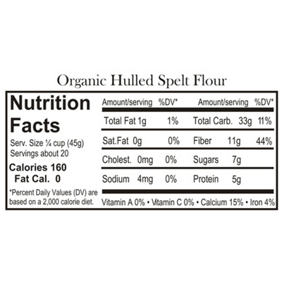 Nutrition Label For Organic Hulled Spelt Flour 