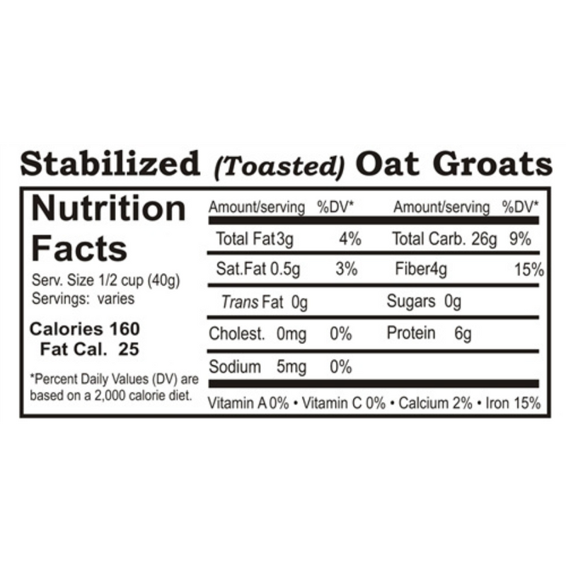 Nutrition Label For Organic Stabilized Toasted Oat Groats