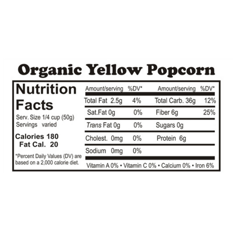 Nutrition Label For Organic Yellow Popcorn 