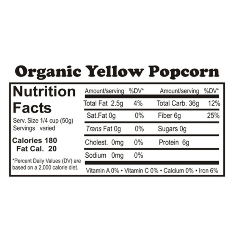 Nutrition Label For Organic Yellow Popcorn 