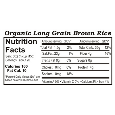 Nutrition Label For Organic Long Grain Brown Rice