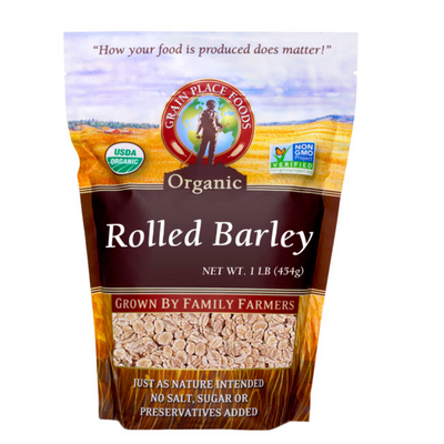 One 1 Pound Bag Of Organic Rolled Barley On A White Background