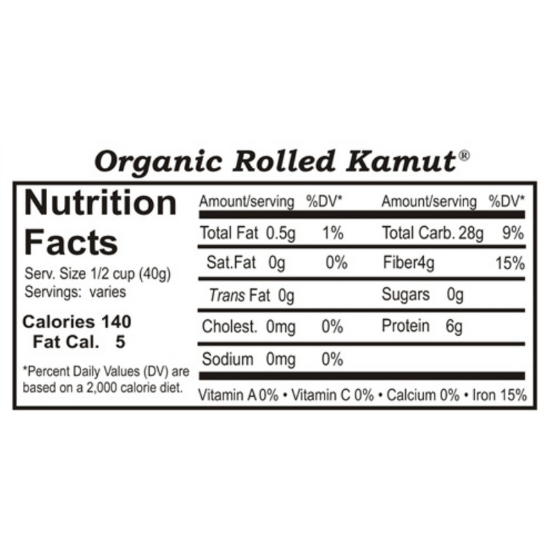Nutrition Label For Organic Rolled Kamut Wheat