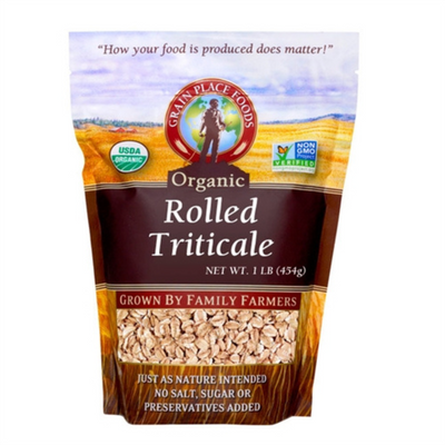 One 1 Pound Bag Of Organic Rolled Triticale On A White Background