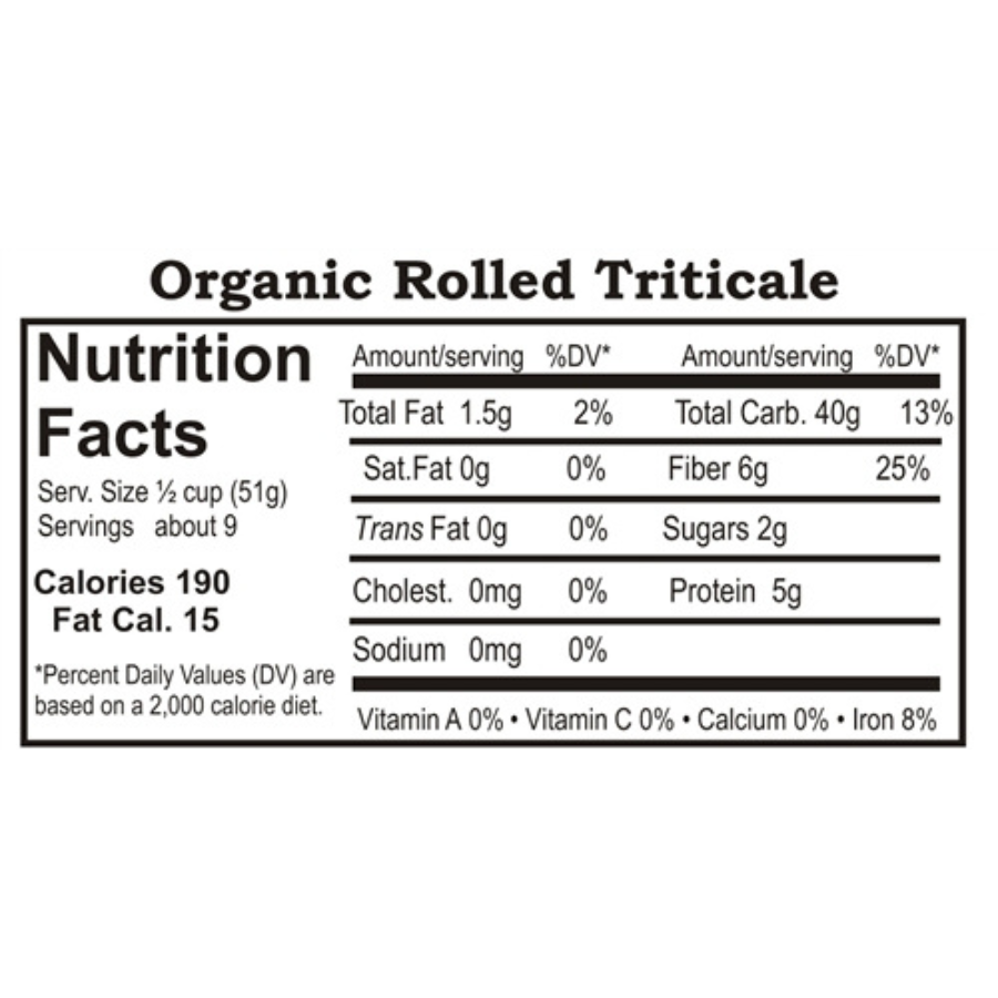 Nutrition Label For Organic Rolled Triticale 