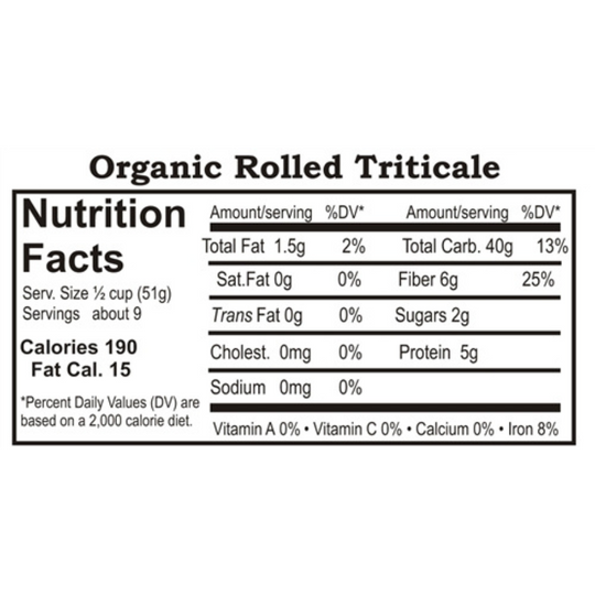 Nutrition Label For Organic Rolled Triticale 