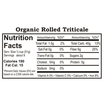 Nutrition Label For Organic Rolled Triticale 