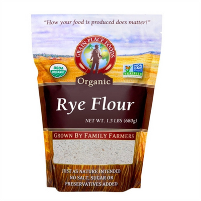 One 1.5 Pound Bag Of Organic Rye Flour On A White Background