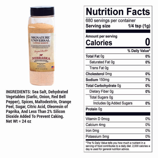 Universal Signature Lower Sodium Seasoning | 24 oz. | Legendary Steak Seasoning | Finely Ground | Lowered Sodium Levels | Unlocks Natural Flavor Of Beef | Ultimate Steak Experience | Perfect Blend Of Spices | Nebraska Seasoning