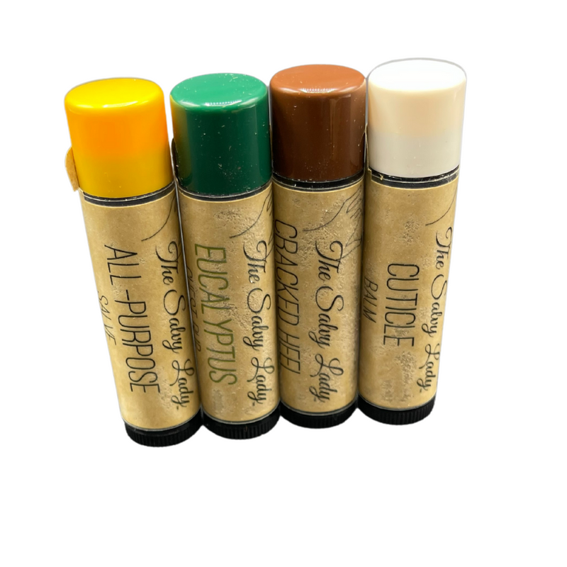 First Aid Balm Pack | 4 Different Healing Balms | The Salvy Lady | Includes All Purpose Salve, Cuticle Balm, Cracked Heel Balm, and Eucalyptus Chest Rub | Perfect Gift for Loved One | Made with LOVE in Nebraska