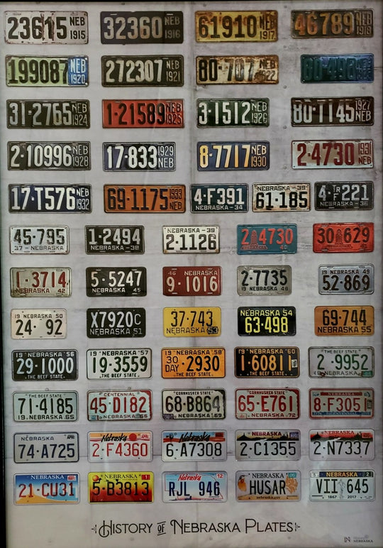 A poster displaying a collection of Nebraska license plates from history.