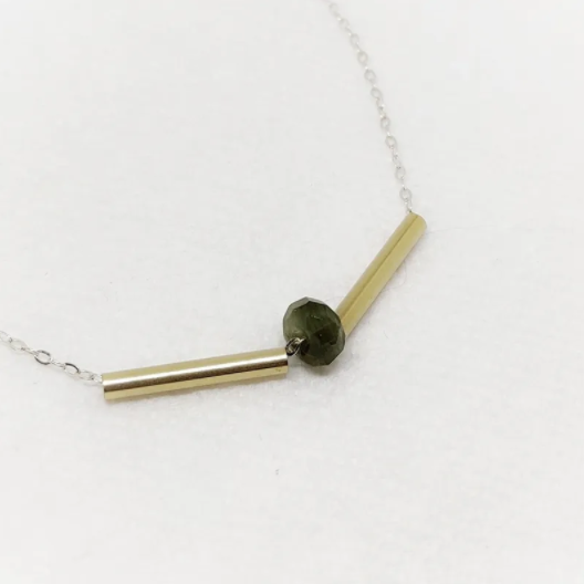 Gold Tubes Tsavorite Garnet Necklace | Earthy Splash of Color | Hangs In A V Shape | Made On Sterling Silver Chain | Made with High Quality Material | Polishing Pad Included | Compliments Every Outfit | Nebraska-Made