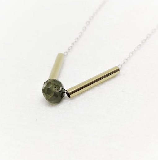 Gold Tubes Tsavorite Garnet Necklace | Earthy Splash of Color | Hangs In A V Shape | Made On Sterling Silver Chain | Made with High Quality Material | Polishing Pad Included | Compliments Every Outfit | Nebraska-Made