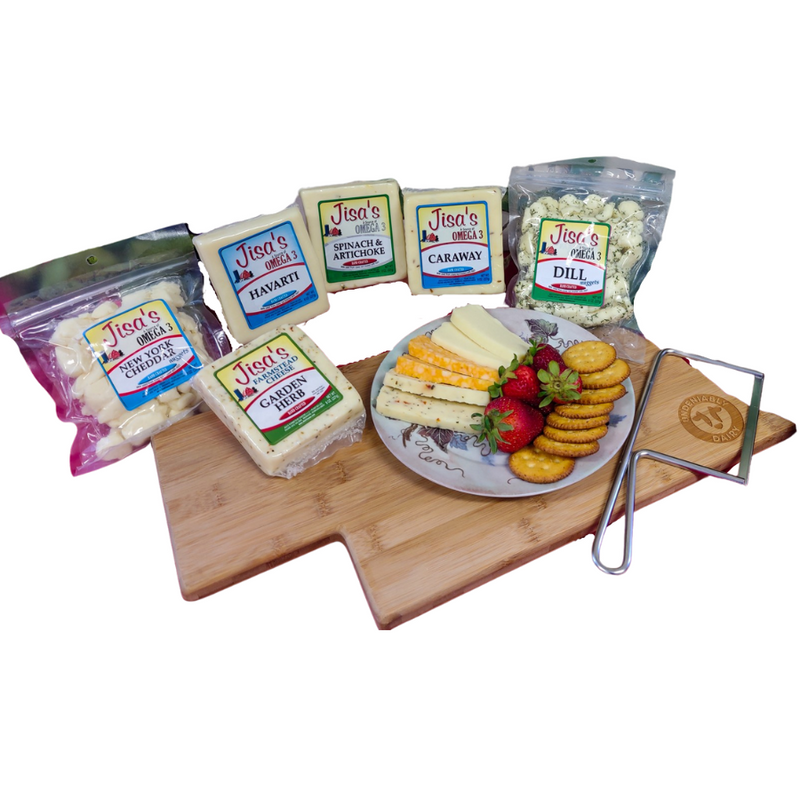 Best Nebraska Farmstead Cheese 6 Piece Sampler | New York Cheddar, Garden Herb, Havarti, Spinach & Artichoke, Caraway, Dill | Made in Small Batches | Hand-Cut and Carefully Aged