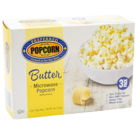 Butter Flavored Microwave Popcorn | Savory Snack | Good Source of Fiber | No Mess Theater Quality Popcorn  | Preferred Popcorn | Box of 3