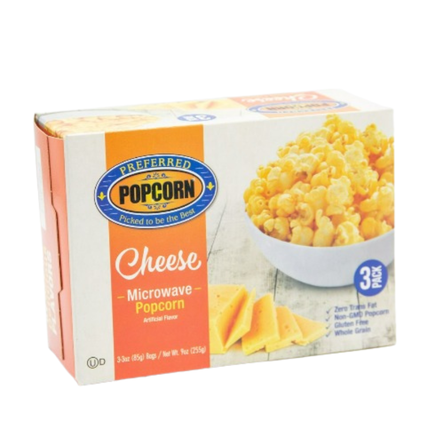 Cheese Microwave Popcorn | Savory Mouthwatering Snack | Great Source of Fiber & Protein | Ready in Minutes | 3 oz. Bag | Preferred Popcorn | Box of 3