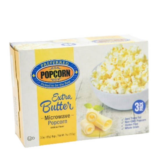 Extra Butter Flavored Microwave Popcorn | Savory Snack | Good Source of Fiber | No Mess Theater Quality Popcorn  | Preferred Popcorn | 3 oz. Bag | Box of 3