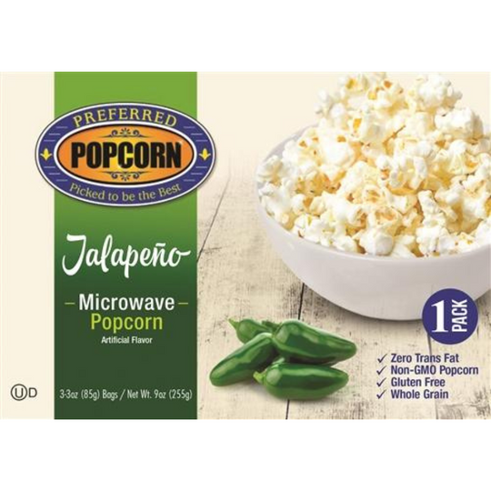 Jalapeno Microwave Popcorn | Microwave Popcorn with a Kick | Hot & Spicy Snack | Good Source of Fiber | Preferred Popcorn | 3 oz Bag | Box of 3