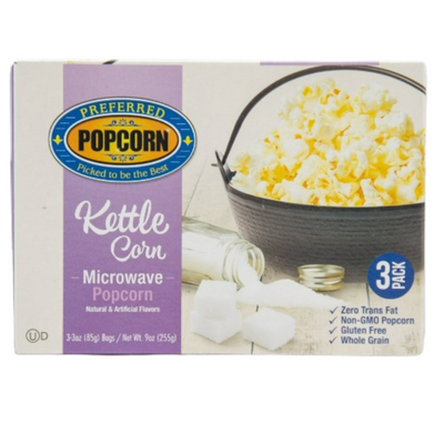 Kettle Corn Microwave Popcorn | Sweet and Savory Popcorn | Good Source of Fiber | Healthy Sweet Tooth Alternative | Ready in Minutes | Preferred Popcorn |3 oz bag | Box of 3