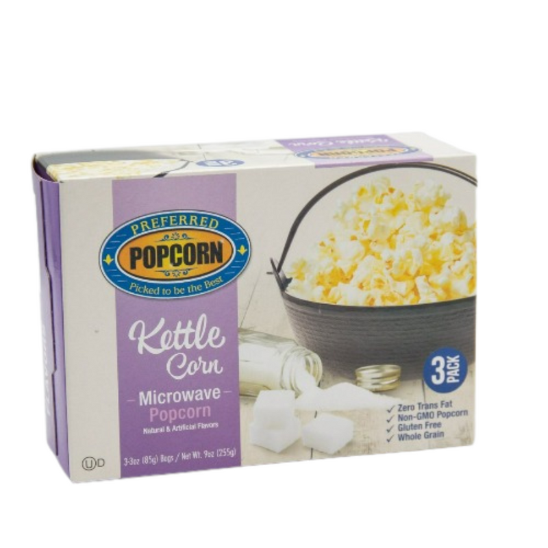 Kettle Corn Microwave Popcorn | Sweet and Savory Popcorn | Good Source of Fiber | Healthy Sweet Tooth Alternative | Ready in Minutes | Preferred Popcorn |3 oz bag | Box of 3