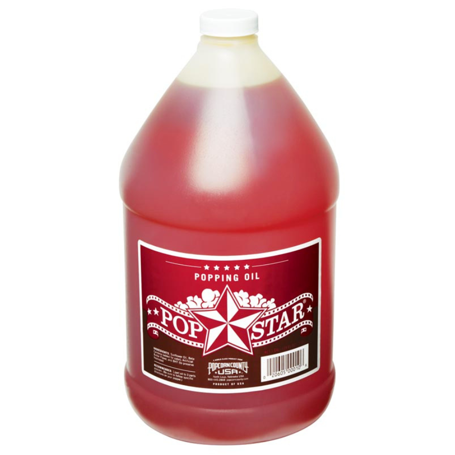 A plastic quart-sized container labeled 'POPPING OIL' and 'POPS STAR' from Popcorn County USA.