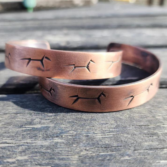 Stick FigureStick Figure  Cow Pony Stamped Bracelet Copper on Wood Display