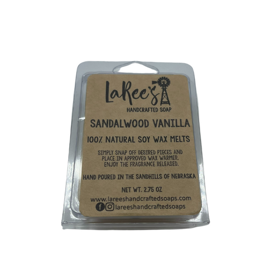 LaRee's handcrafted soap 2.75 oz Sandalwood Vanilla scented 100% Natural Soy Wax Melts on white background.