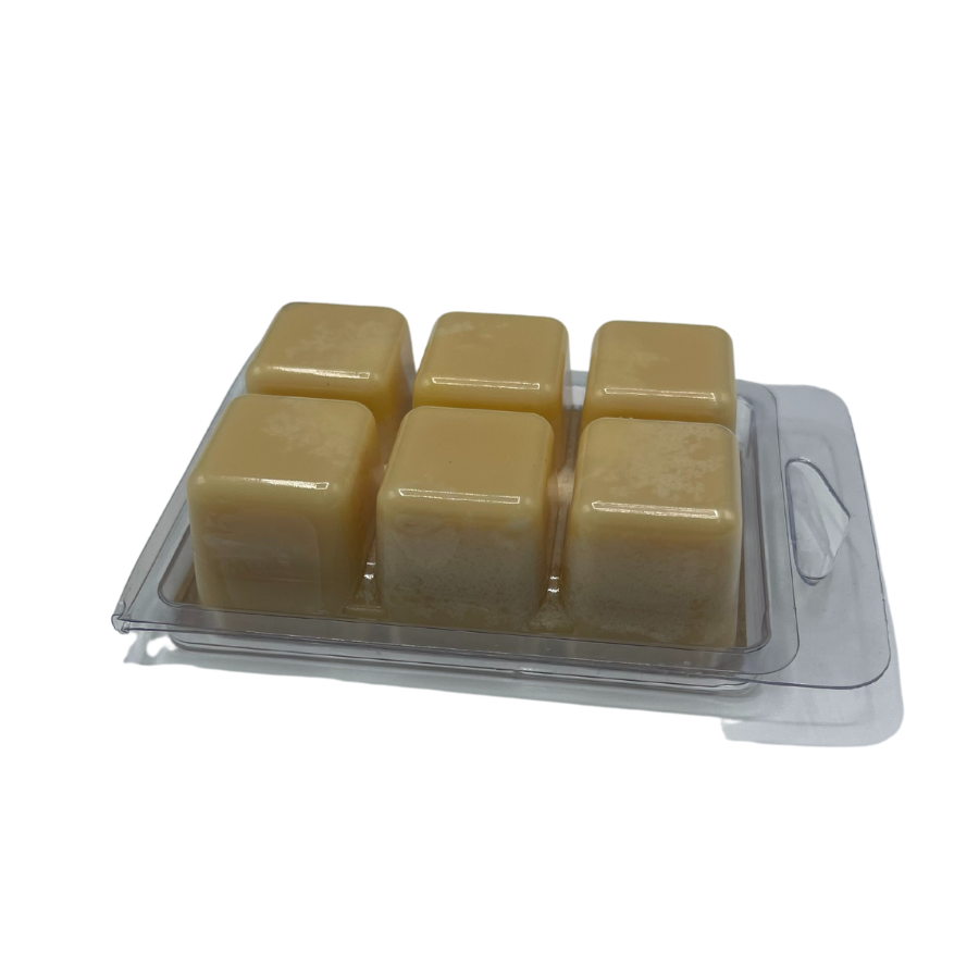 Side view of the bottom of LaRee's handcrafted soap 2.75 oz Sandalwood Vanilla scented 100% Natural Soy Wax Melts on white background.