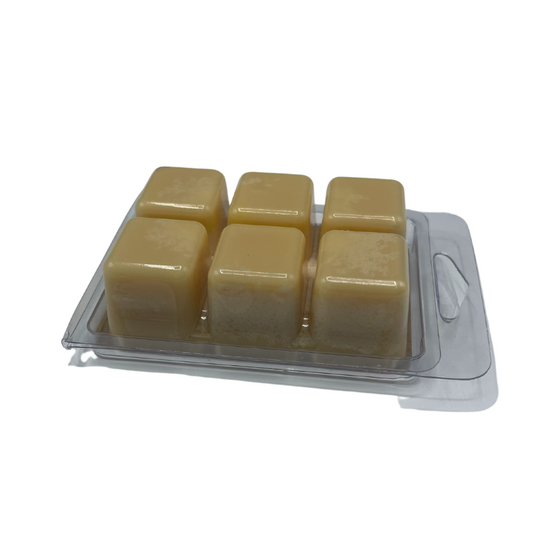 Side view of the bottom of LaRee's handcrafted soap 2.75 oz Sandalwood Vanilla scented 100% Natural Soy Wax Melts on white background.