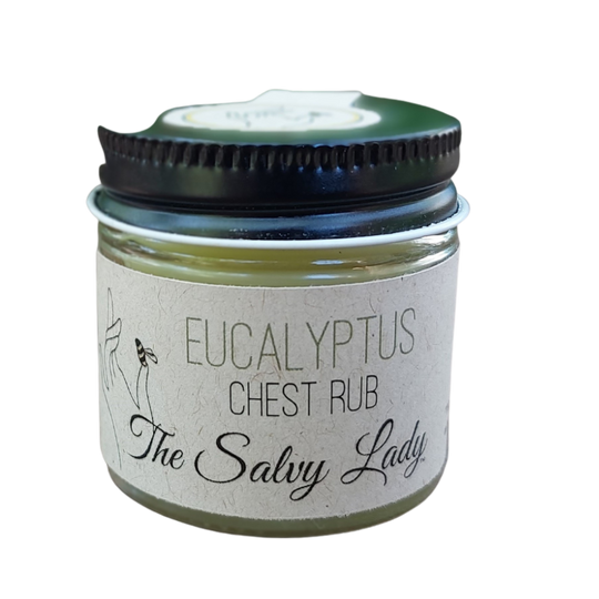 Eucalyptus Chest Rub | 1 oz | The Salvy Lady | Infused with Eucalyptus, Camphor, and Birch Oils | Leaves Skin Feeling Refreshed and Cool | Helps Relieve Nasal and Upper Respiratory Congestion | Handmade in Nebraska