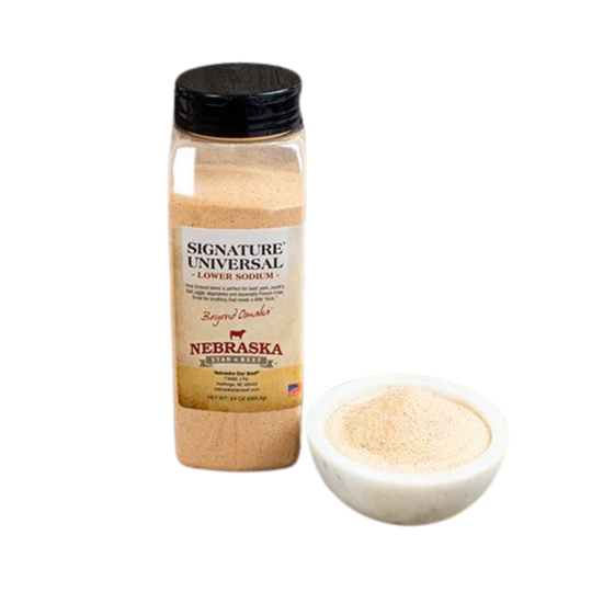 Universal Signature Lower Sodium Seasoning | 24 oz. | Legendary Steak Seasoning | Finely Ground | Lowered Sodium Levels | Unlocks Natural Flavor Of Beef | Ultimate Steak Experience | Perfect Blend Of Spices | Nebraska Seasoning