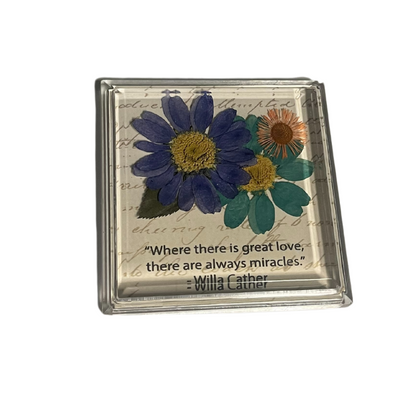 Willa Cather Magnet | "Great Love" Quote | Hand Pressed Real Flowers | 2.5"X2.5" | Acrylic