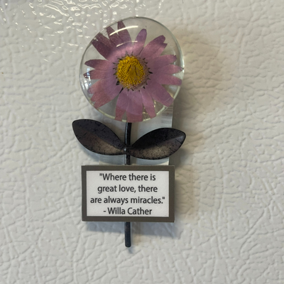 Willa Cather Magnet |  "Great Love" Quote | Hand Pressed Real Flowers | 2.5"X2.5" | Flower Shape