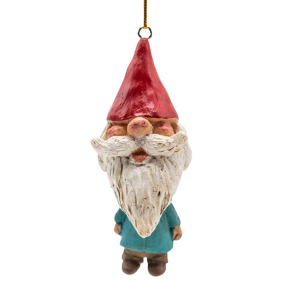 Gnome ornament with small body and large beard on a white background