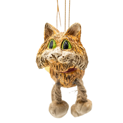 orange cat ornament with jute-rope legs on a white background