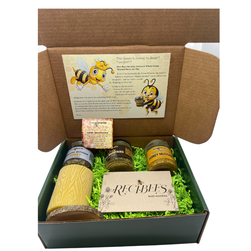 Gift Box | Honey Gift Set | Includes Spicy Beer Mustard, Honey Mustard, Honey, Beeswax Candle, And Recipe Book | Perfect Gift For Loved One | Locally Sourced Honey | Delicious, Savory & Spicy Mustards Used For All Purposes